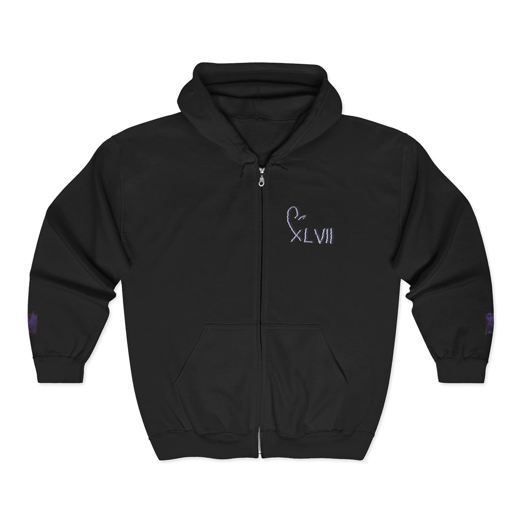 Black Full-Zip Hoodie 'XLVII' Minimal Embroidered Chest 1ST EDITIØN — Casual Streetwear Zip-Up