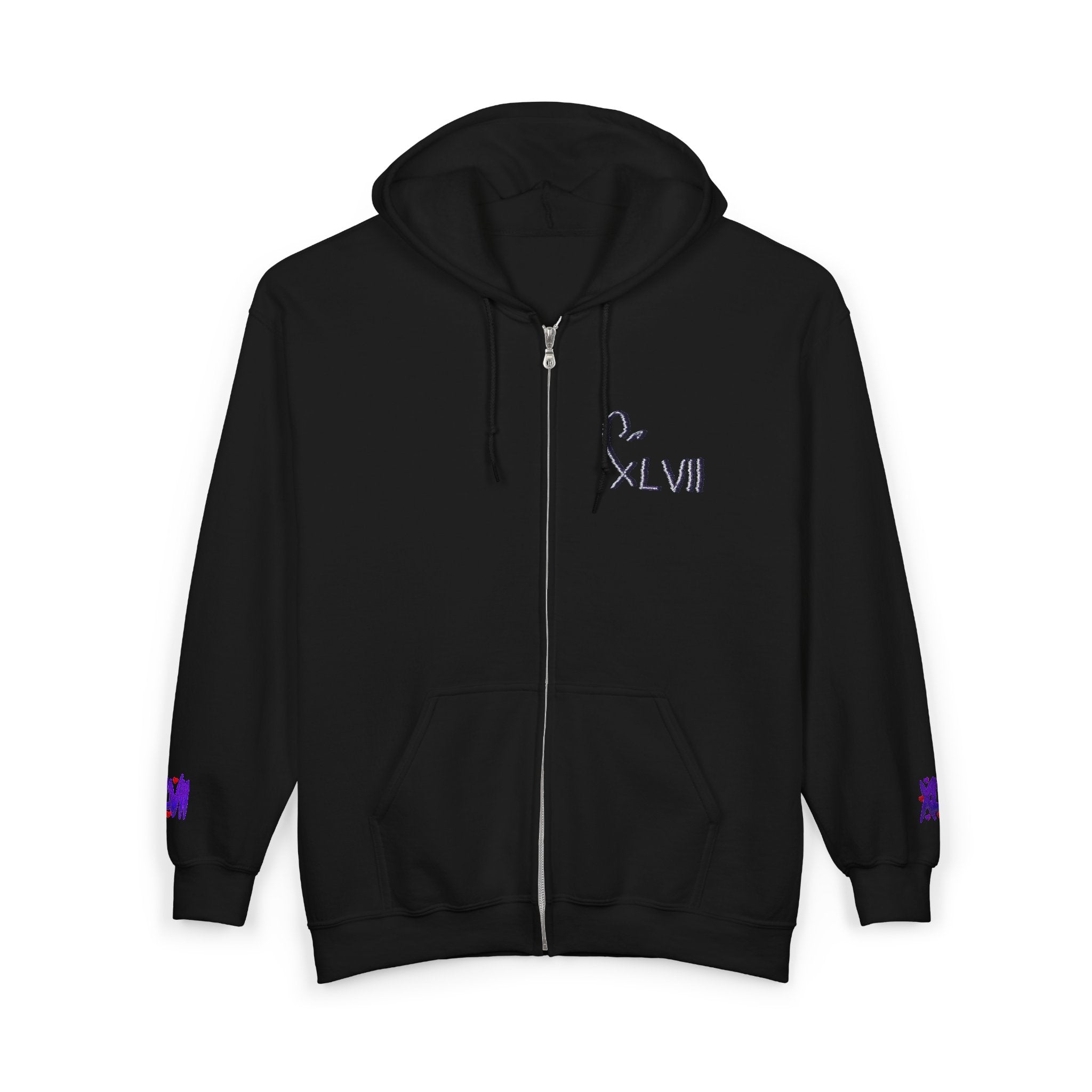 Black Full-Zip Hoodie 'XLVII' Minimal Embroidered Chest 1ST EDITIØN — Casual Streetwear Zip-Up